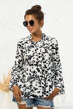 Load image into Gallery viewer, *Sample* Printed Flare Sleeve Tie Neck Ruffle Trim Blouse
